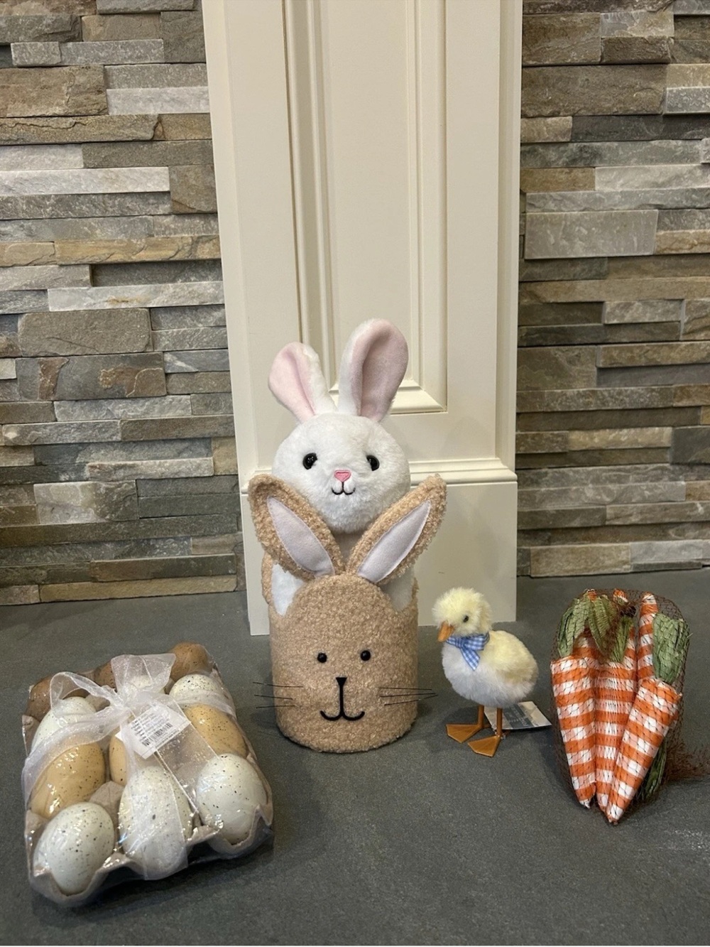 Easter Bundle Bunny Face Fabric Basket w/ White Bunny,Baby Chick,Eggs & Carrots